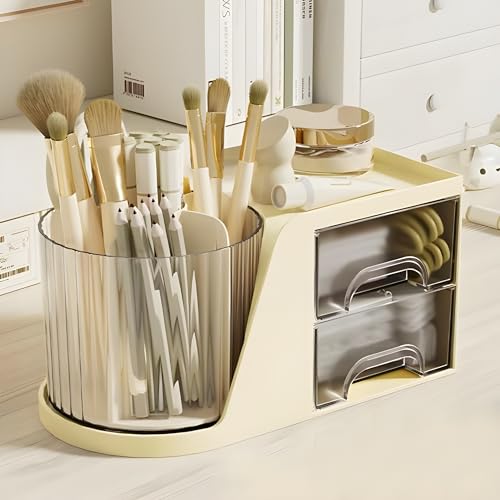Image of KREPS Makeup Brush Holder with Lid,360 Rotating Makeup Organizer, Nail Polish Perfume Lipstick Pen-Pencil Paint Brush Stationary Organizer, Multifunctional Dressing Table Storage (Off White)