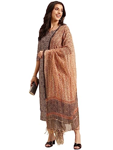 Short en coton mélangé au fini imprimé droit pantalon et dupatta noir GoSriKi