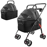 Tokenkuko Folding Dog Stroller,Dog Carriage Strollers,Travel Folding Carrier Waterproof Puppy Stroller,Foldable Pet Travel Carrier,with Cup Holders&Detachable Carrier for Medium Small Dogs Cats(Black)