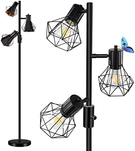 Stepless Dimmable Industrial LED Floor Lamp, 3-light Adjustable Farmhouse Floor Lamps with 3 x 8W 800LM Bulbs, Rustic Standing Tree Lamp Room Decor with Eye-caring Lampshade for Living Room Bedroom
