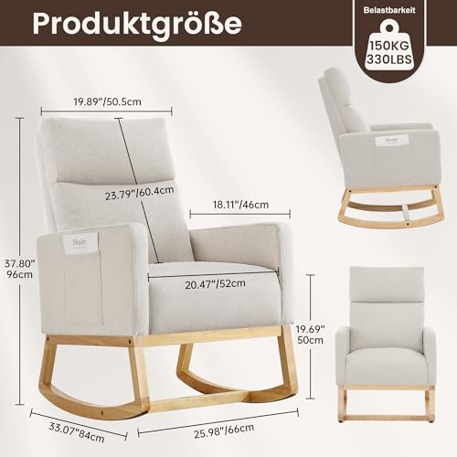 Miniatura 2 de Aunekiv Mecedora Para Lactancia, Respaldo Alto, De Lino, Para Adultos, Con Bolsillos Laterales Y Base De Madera Para Sala De Estar, Dormitorio, Color Marfil