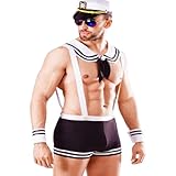 FEHEOO Men’s Sexy Sailor Costume – Navy Captain Roleplay Outfit with Suspender Shorts, Collar, Cuffs & Hat – Nautical Theme Party, Halloween, Cosplay, Clubwear, Bachelor Party, Fun Uniform Set