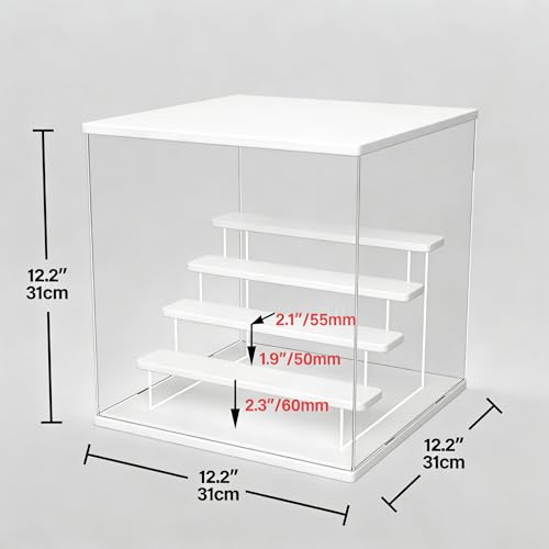 Image of Clear Acrylic Display Case with LED Light, 5 Tier Dustproof Showcase for Collectibles, Figures & Model Cars, Stackable Display Box (White, 12x12x12 in)