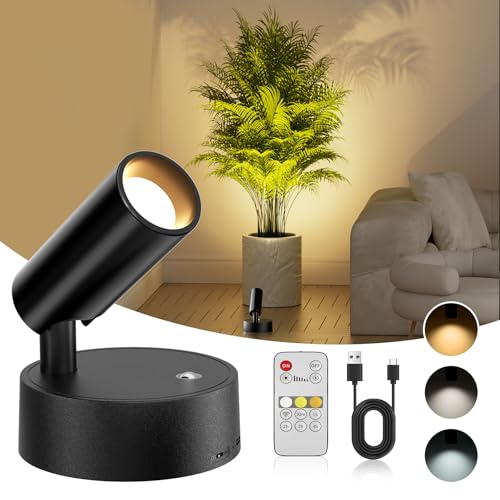 Spot Light Indoor with Remote, 5500mAh Rechargeable Battery Plant Spotlight, 350° Rotate Uplights Indoor with 3 Colors & Dimmable, Uplighting with Timer for Plants Picture Artwork Accent Closet