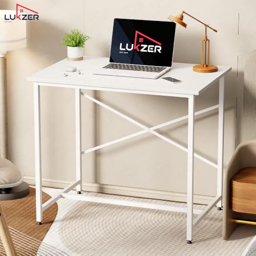 Image of Lukzer X-Support Study Table for Home & Office (MST-008-White & White) Metal & Engineered Wood Laptop & Computer Workstation Desk for Students & WFH, DIY Spacious Tabletop (90x60x75cm)