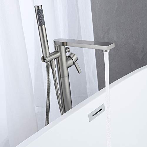 Wowkk Freestanding Bathtub Faucet Tub Filler Brushed Nickel Floor Mount Brass Single Handle Bathroom Faucets With Hand Shower #TOP3