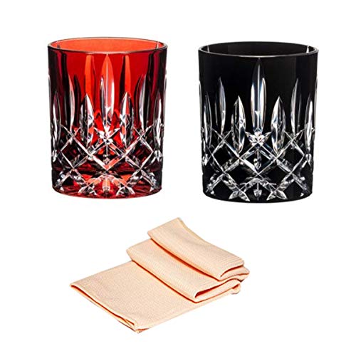 Dekomiro Riedel Laudon Tumbler Whiskey Glas Set rot und schwarz Set mit Glasreinigungstuch