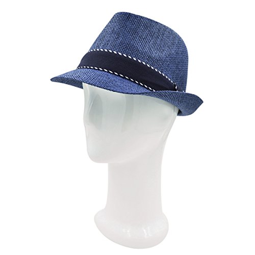 Premium Classic Fedora Straw Hat with Navy Striped Trim Band, Natural
