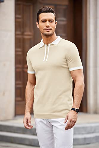 Coofandy Mens Zipper Polo Shirt Short Sleeve Muscle Polo Shirt Golf Polo T Shirt Cream Color #TOP1