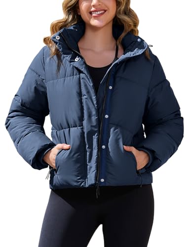 PEHMEA Women's Winter Cropped Puffer Jacket, Full Zip Thicken Short Coat with Detachable Hood(Navy-S)