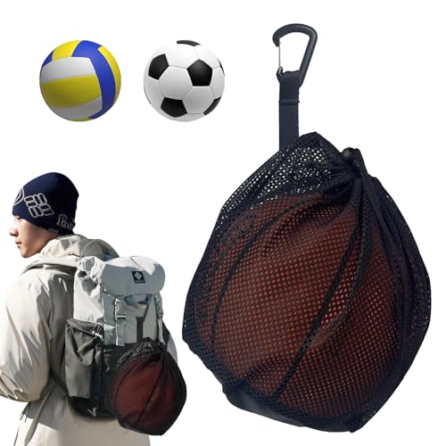 バスケットボール ケース【改良・開口サイズ増大】 巾着メッシュ サッカーボール入れ袋 フック/ファスナーポケット付き 軽量 小物収納 バレーボールバッグネット 大容量 ボールぶくろ 多機能 旅行/キャンプ/スポーツ用 キッズ/小学生/子供に向け