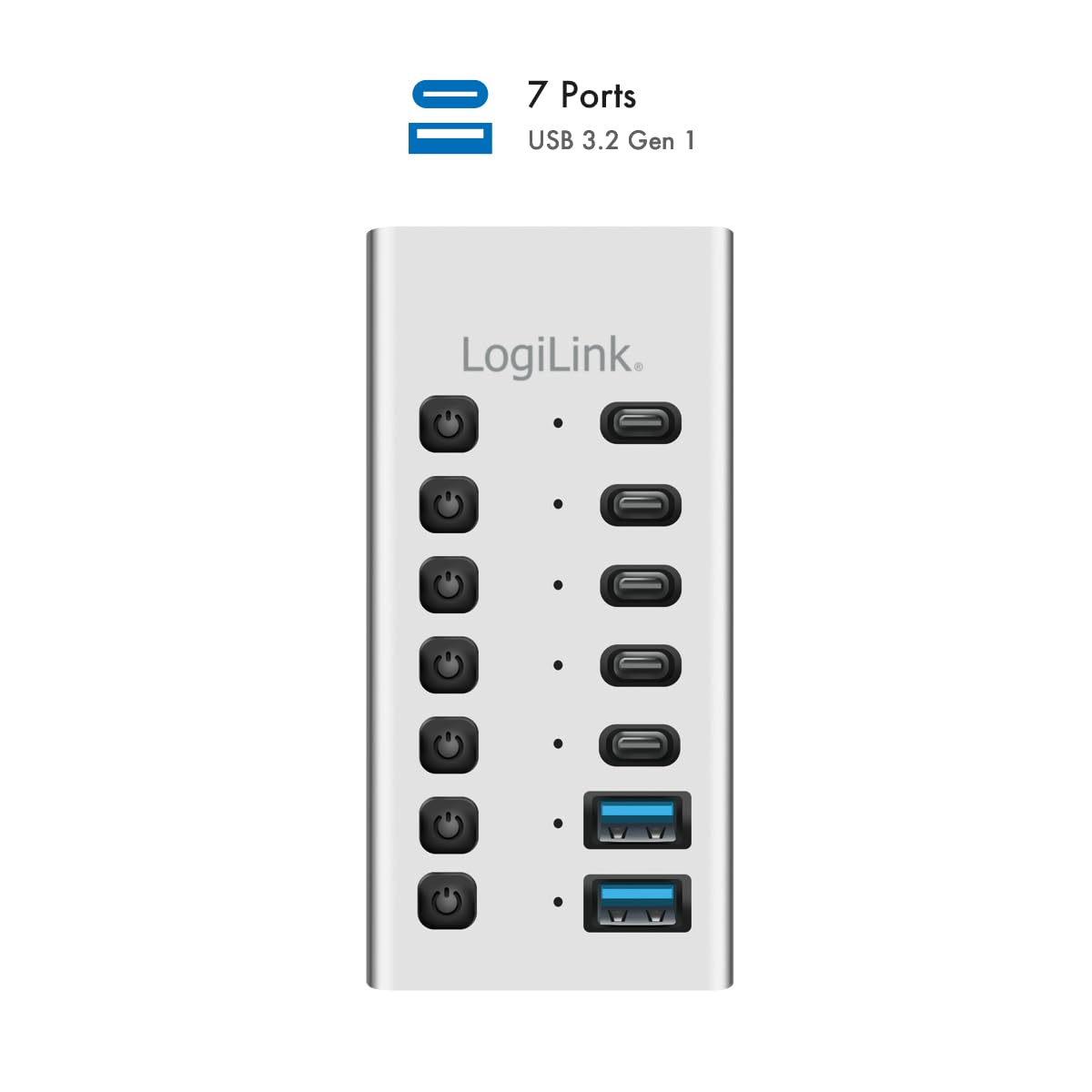 LogiLink UA0447 - Hub USB 3.2 Gen1 con 7 Puertos y Cable/Adaptador, USB Tipo A y USB Tipo C, Interruptor de Encendido/Apagado, Aluminio
