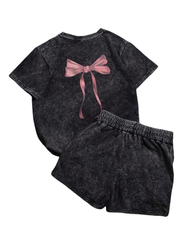 SOLY HUX Women's Y2k Bow Outfits Summer Short Sleeve T Shirt and Shorts Two Piece Set Streetwear Black Bow Large