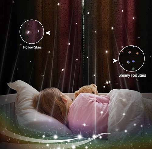 Image of 52x72 Kids & Girls Rainbow Ombre Double Layer Star Cutout Blackout Curtains with Foil Print Sheer, 2 Panels Set - Orange Green Magenta