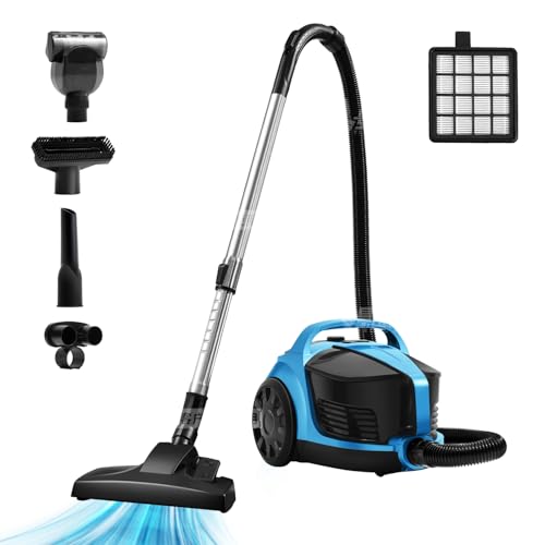 Canister Vacuums 45Kpa 1600W Canister Vacuum Cleaners for Home Double HEPA Filter 4.5Qt Bagless Vacuum Cleaner Lightweight Canister Vacuum Cleaner for Hard Floors Carpet Pet Upholstery Tiles Car Blue