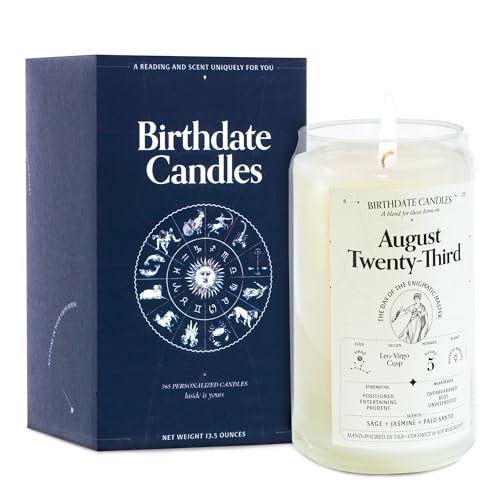 Birthdate Candles, August 23 - Virgo Zodiac Scented Candles Birthday Gift - Sage, Jasmine & Palo Santo Scent - All-Natural Soy & Coconut Wax, 60-80 Hour Burn Time - Made in USA