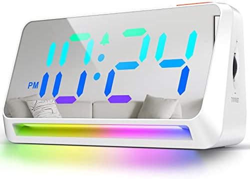 [Mirror] Super Loud Alarm Clock for Bedroom, Heavy Sleepers, Adults | Dynamic RGB Color Changing Clock for Teens, Kids | Small Bedside Digital Clock with LED Display, Atmosphere Light, USB Charger