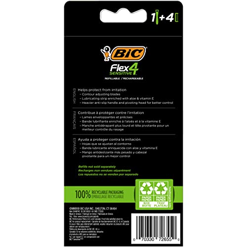 Bic Flex 4 Refillable Men's Disposable Razors, For A Smooth, Ultra-Close And Comfortable Shave, 1 Handle And 4 Cartridges, 5 Piece Razor Set #TOP2