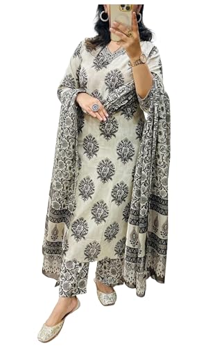Image of ANNI Designer Women Viscose Blend Straight Fit Printed Kurta Pant Dupatta Set | V Neck Three Quarter Sleeve Outfit | Soft Breathable Fabric | Comfortable Elegant Styling for Office Casual Wear