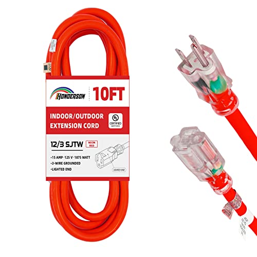 HONDERSON Cable de extensión iluminado para exteriores de 10 pies, 12/3, calibre 12, 3 clavijas, SJTW, resistente, cable de extensión rojo neón con enchufe de 3 clavijas para mayor seguridad, listado