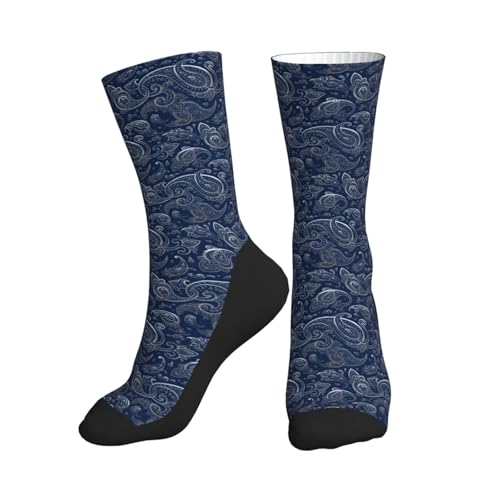 Crew Socks for Women Men Athletic - Dark Blue Paisley Comfort Mid-Calf Sole Running Socks Womens Men