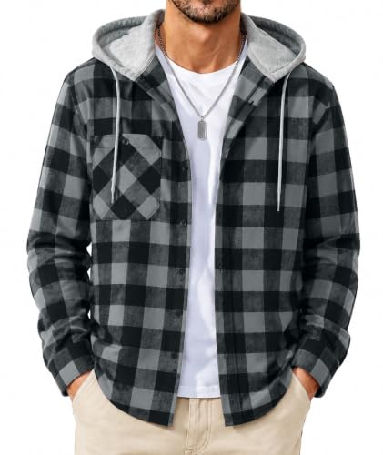 Image of SCODI Mens Flannel Hoodie Shirt Casual Button Down Plaid Long Sleeve Shirts | Machine Wash, Business, Vacation, Office, Party, Daily, Outdoor, Vintage, Classic, Stylish, Adjustable Cuffs, with Pocket