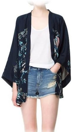richmondcup Phoenix Printed Thin Section Loose Kimono Chiffon Long-Sleeved Coat with Lining Navy