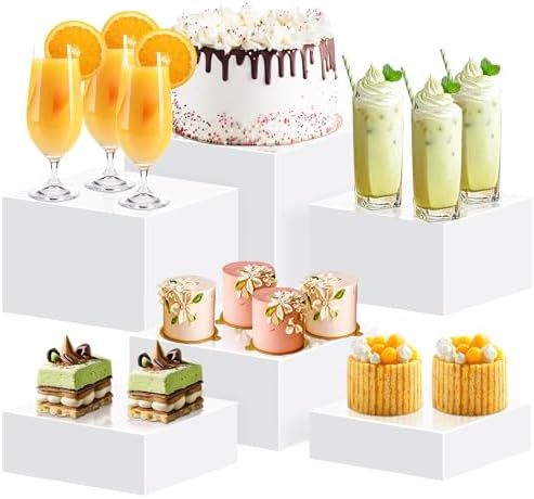 6Pcs Buffet Risers, Food Risers for Buffet, Acrylic Boxes for Display Cube Riser Display Cases Acrylic Square Cube Display Base, White