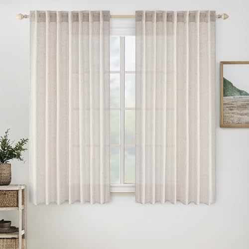 MIULEE White Short Linen Curtains 45 Inch Length 2 Panels for Kitchen Bedroom Bathroom, Soft Thick Linen Textured Natural Basement Window Drapes Semi Sheer Light Filtering Back Tab Rod Pocket