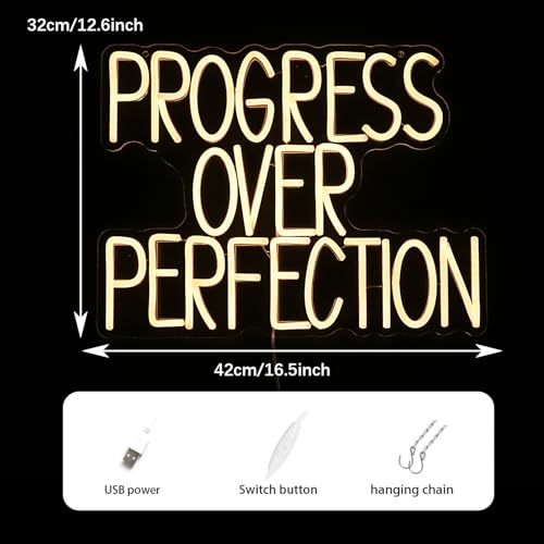 Image of Progress Over Perfection Neon Sign for Wall Decor Dimmable Warm White Words Led Light Up Sign USB Powered LED Letters Neon Light for Classroom Bedroom Library Study Room(16.5 * 12.6In)