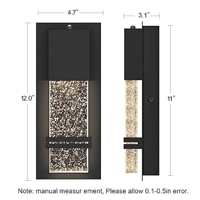 PARTPHONER LED Outdoor Light Fixture Exterior Wall Sconces 2 Pack Crystal Bubble Glass 12W 3000K