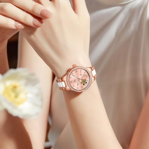 Image of OLEVS Womens Watches Automatic Luxury Dress Ladies Watch Ceramic Strap Rose Gold Self Winding Female Wrist Watch