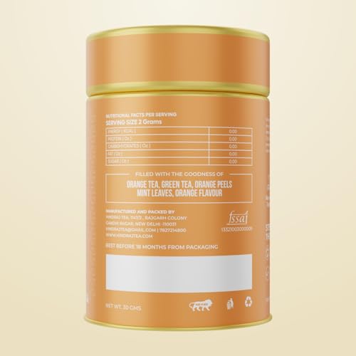 Image of Hindraj The Zesty Raja Orange Green Tea Loose Leaves 100 g Organic Fruit Blend Green Tea Caffeine Boost, Refreshing Citrus Flavor, No Added Sugar