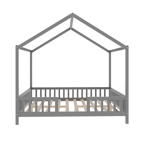 Image of Floor Bed with Canopy, High Railings and Roof, Full Size Wood House Bed Frame for Kids Bedroom