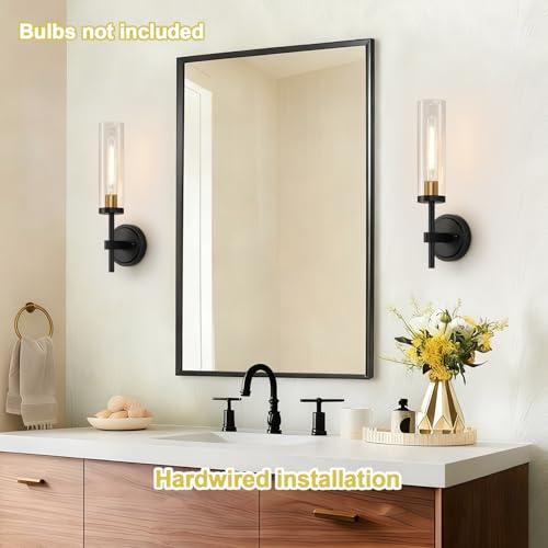 Image of Hardwired Wall Sconces Set of Two, Black and Gold Bathroom Sconces with Clear Glass, Modern Wall Light Fixtures for Bathroom Mirror Vanity, Living Room, Bedroom, Hallway, Stairway, Cabinet, Foyer