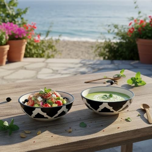 Image of Serving Everyday Ceramic Bowls For Food - Ideal For Morning Meals, Smoothie Kitchen Bowls, Vegetables, Soups, Pasta, Snacks,cereal, Rice Bowl, Fruit, Ice Cream, Salad, Noodle (Black, Set of 6)