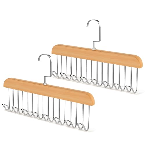 Cintre en pour Ceintures,2 PCS Cintres Bois Porte Ceinture avec 8 Crochets, 360° Pivotant Cintres en Bois pour Ceintures, Porte Cravate pour Cravates, Ceintures,...