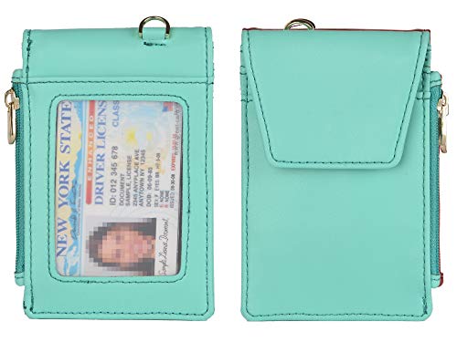 Beurlike Leather 2-Sided Id Badge Holder Wallet With 1 Id Window, 3 Card Slots With Cover, 1 Side Zipper Coin Pocket, 1 Piece 18.1" Neck Lanyard And 1 Piece 6" Hand Wristlet (Teal) #TOP4