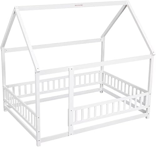 Miniatura 5 de Cama de suelo de tamaño matrimonial para niños, cama de madera maciza con barandillas de techo y valla para niños y niñas, cama Montessori sin