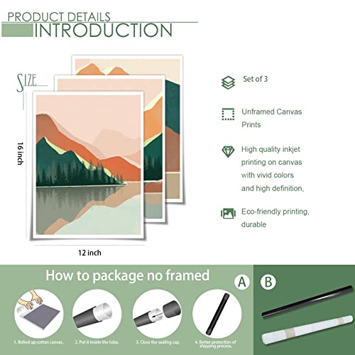 3 Piece Boho Sunset Mountain Landscape Canvas Wall Art Modern Abstract Minimalist Woodland Nursery Decor Room Aesthetic Posters Rustic Sun Forest Tree Lake Animal Deer Prints Painting 12X16In Unframed #TOP4