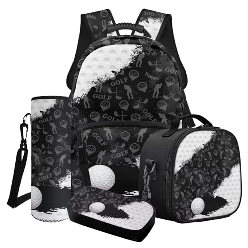 Golf Printed School Backpack and Lunch Box Set with Water Bottle Holder Pencil Case Lightweight Backpack Set for Preschool Middle School, Black - Main Image