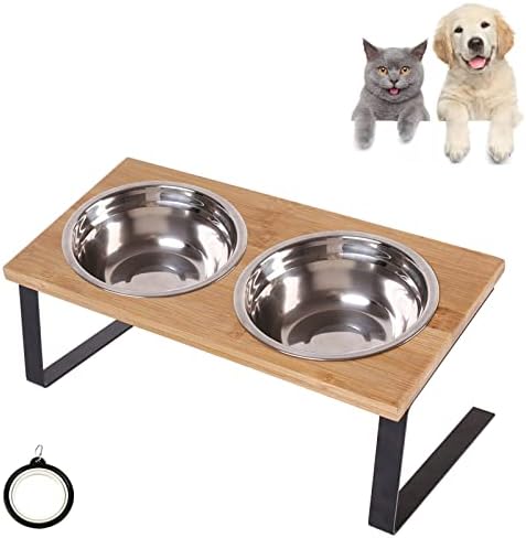 Elevated Cat Bowls , 15°Tilted Raised Food Feeding Dishes, Solid Wood Dog Bowl Stand for Medium and Small Cats & Puppy, 2 Stainless Steel Bowl and 1 Collapsible Dog Bowls for Travel , Dishwasher Safe