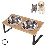 Elevated Cat Bowls , 15°Tilted Raised Food Feeding Dishes, Solid Wood Dog Bowl Stand for Medium and