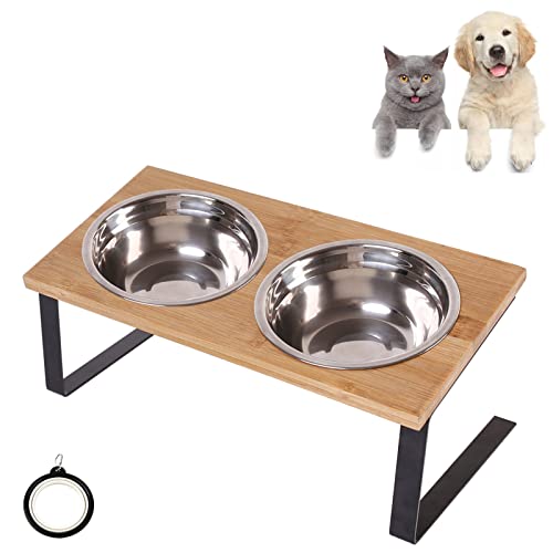 Elevated Cat Bowls , 15°Tilted Raised Food Feeding Dishes, Solid Wood Dog Bowl Stand For Medium And Small Cats & Puppy, 2 Stainless Steel Bowl And 1 Collapsible Dog Bowls For Travel , Dishwasher Safe #TOP26