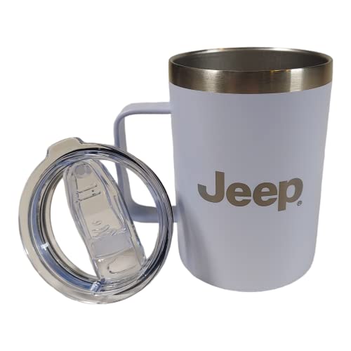 Jeep® Text and 7-Slot Grille Logos 16 oz Insulated Camper Mug, Matte Finish, laser etched stainless steel (Matte White)