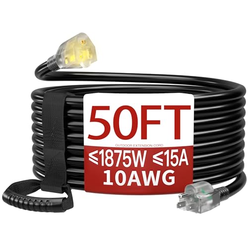 Image of 50 FT 10 Gauge Extension Cord Outdoor, Heavy Duty Weatherproof & Flame Retardant Black 3 Prong Power Cord with Light, Outside for Lawn & Garden, 15 Amps 1875 Watts 125 VAC 10AWG SJTW, ETL Listed