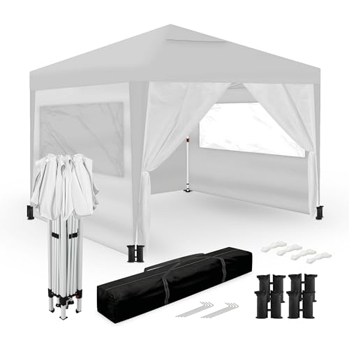 Wasabi   Carpa Plegable 3x3m – 4 Paredes Laterales – 4 Bolsas de Arena, Piquetas y Cuerdas de Fijación – Saco de Transporte   Pérgola de Nylon – Cenador para Jardín Exteriores Camping Fiestas (Blanca)