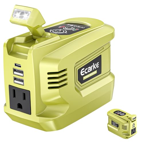 Ecarke 220W Portable Power Inverter Compatible with Ryobi 18V Battery (Tool Only), DC 18V to AC 110V Power Station with 1 AC Outlet, 2 USB-A, 1 Type-C & LED Light for Camping Outdoor Emergency