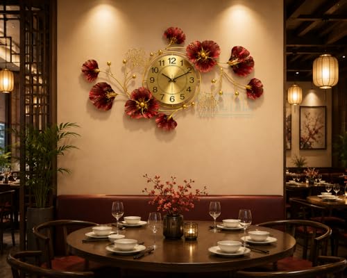 Image of MK Craft and Decor Large Metal Wall Clock for Home Decor | New Floral Design Decorative Wall Clock | Premium Metal Wall Art | Red & Gold Finish