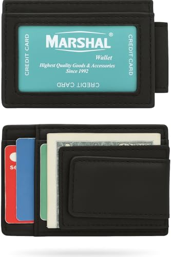 Genuine Leather Money Clip front pocket wallet with magnet clip and card ID Case (Black)